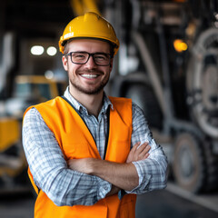 Portrait of factory worker. Young handsome factory worker.