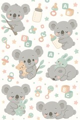 Kawaii Baby Koala and Toy Pattern &ndash; Seamless Pastel Kids Design