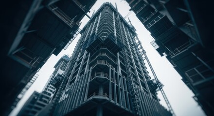Low angle view of a modern skyscraper under construction, surrounded by other buildings, showcasing the ongoing development and architectural progress in a bustling urban environment