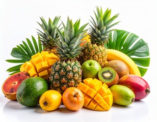 A colorful display of pineapples, mangoes, papayas, bananas, kiwi, and citrus fruits arranged with large green leaves