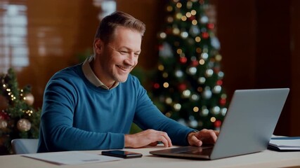 Man smiling and using laptop during video call in festive office with Christmas tree in background during remote work, holiday communication or virtual celebration - Powered by Adobe