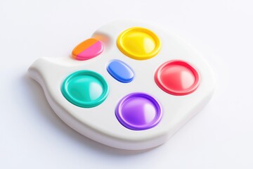 Colorful, sensory toy with a white base and multiple round, colored buttons
