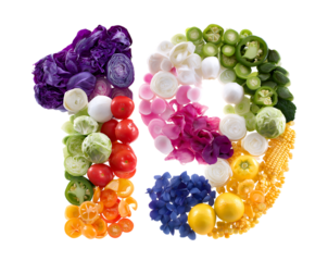 Number 19 composed of assorted fruits and vegetables isolated on a transparent background