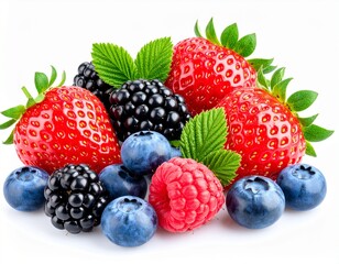 A bright assortment of ripe strawberries, juicy blackberries, blueberries, and raspberries with fresh leaves