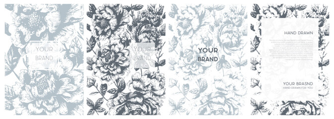 Luxe invite template, premium vector background pattern for wedding, bachelorette party, gift certificate, corporate letterhead, award. Peony flower on white background. Floral cover, frame design set