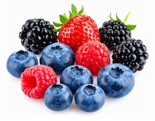 A vibrant collection of blueberries, raspberries, blackberries, and a strawberry placed together