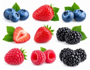 A clean layout of assorted berries—blueberries, strawberries, raspberries, and blackberries—on a white surface