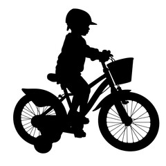 Fototapeta premium Silhouette of child on bike with training wheels – Beginner cycling tools, family activity