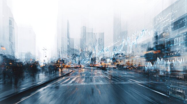 City street blurred motion, overlaid with financial data