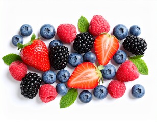 A scattered arrangement of fresh mixed berries—strawberries, blueberries, raspberries, and blackberries—on white
