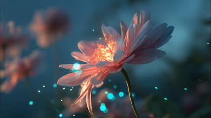 Fototapeta premium Close-up of a blooming flower beneath a glowing full moon in a dreamy day-to-night landscape, with soft shadows and neon teal and orange light pulsing from its center.