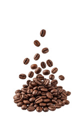 Naklejka premium Numerous dark roasted coffee beans with rich oily sheen, meticulously detailed and scattered on a pristine transparent background with ample copy space, high-angle close-up macro shot, suspended in