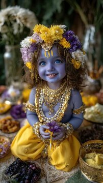 Spiritual Krishna blessing: happy birth, Hindu monarch, cute baby, smiling toddler, blue skin, yellow dress, adorable child, divine lord, Janmashtami joy, Rohini festival, Gokulashtami, Jayanti