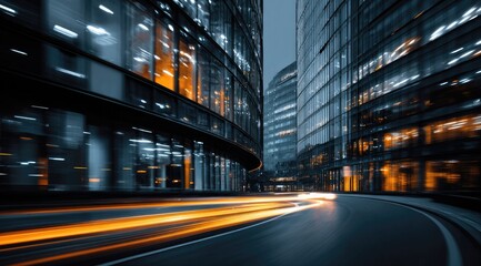 Fototapeta premium Night cityscape with blurred light trails of cars curving around modern buildings