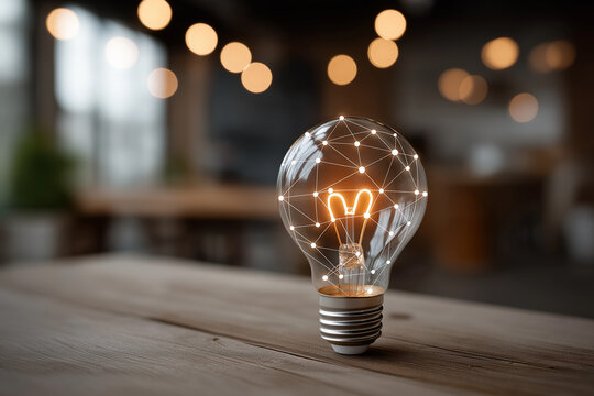 A glowing lightbulb surrounded by abstract digital network lines on a wooden desk, symbolizing innovation and creative thinking, modern tech ambiance