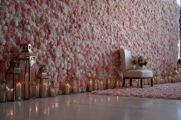 Pink and white floral wall decor with lanterns and candles.