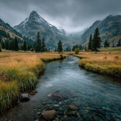 Obraz premium Serene mountain stream flows through autumnal valley