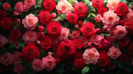Naklejka premium Beautiful arrangement of pink and red roses in full bloom, creating a romantic and vibrant floral background filled with natural elegance and charm. 