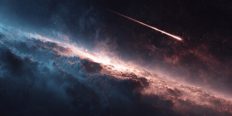 Stunning Cosmic View of a Meteor Shower Over an Ethereal Galaxy with Dust Clouds and Bright Stars in a Deep Universe Setting