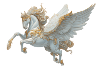 Mythical winged horse, white and gold, in flight