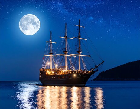 Majestic ship at night, moonlit sea
