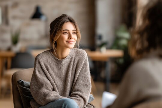 Smiling young woman in therapy session, seeking mental wellness support in a modern office - Powered by Adobe