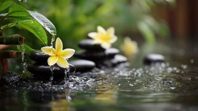 A realistic spa scene with balanced black stones, water flowing from a bamboo spout, yellow telang flowers, and fresh green leaves in the background - Powered by Adobe