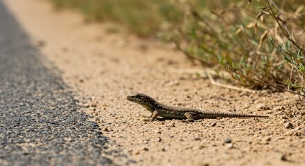 Naklejka premium Lizard on a desert roadside: nature's calm meets dangerous terrain
