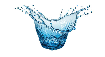 Vibrant blue water splash with countless droplets suspended mid-air against a seamless plain white background with copy space, no shadows, high-angle UHD studio shot with sharp focus and bright