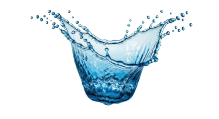 Vibrant blue water splash with countless droplets suspended mid-air against a seamless plain white background with copy space, no shadows, high-angle UHD studio shot with sharp focus and bright