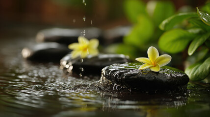 A realistic spa scene with balanced black stones, water flowing from a bamboo spout, yellow telang flowers, and fresh green leaves in the background