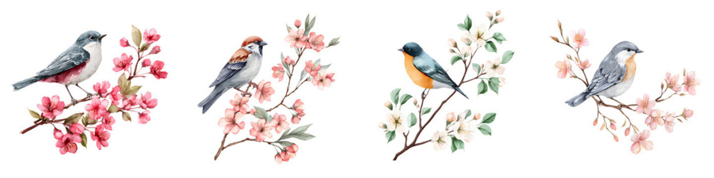 Watercolor Birds on Blossoming Branches Set on White