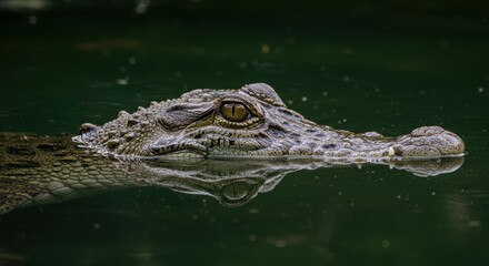 Obraz premium Crocodile gliding silently in water at dusk capturing intense gaze and reflection