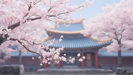 Cherry blossoms in foreground traditional building background