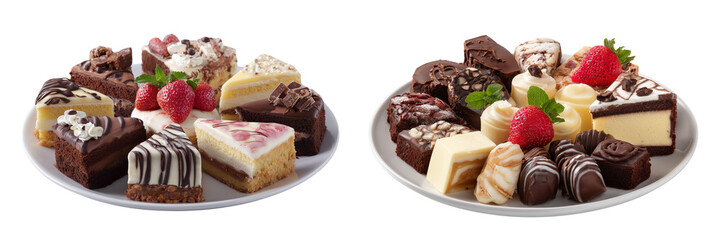  Set of a plate filled with many sliced cakes and chocolates, isolated on transparent background.