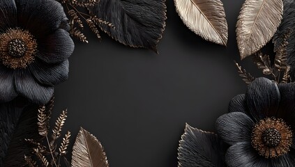 Dark floral arrangement with gold accents on a dark background.