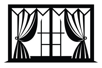 Black Silhouette of a Window with Open Curtains and Decorative Frame Style