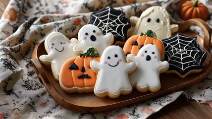 Obraz premium Delightful decorated cookies shaped like ghosts and pumpkins are displayed on a wooden tray.