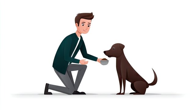 Man Kneeling, Feeding a Chocolate Labrador Retriever