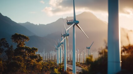 A picturesque view of multiple wind turbines set against a mountain backdrop, capturing sustainable energy in harmony with nature.