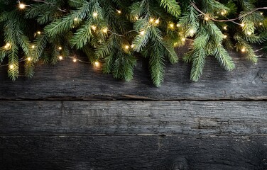Christmas lights draped over dark wooden planks.
