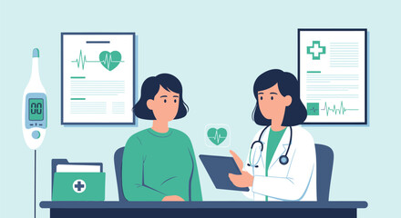 A female doctor in a white coat reviews a tablet with a patient in a clinic setting, with medical charts and equipment visible.