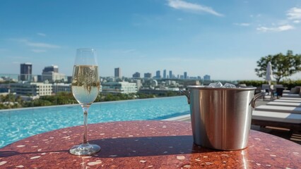 Fototapeta premium a glass of Prosecco and a bucket of ice on the edge of the pool