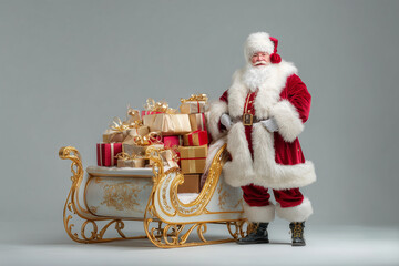 A Santa with lots of gifts in sleigh. Santa Claus standing next to his sleigh with lots and lots of Christmas presents in a clean studio elegant background.   December festive. Christmas greeting.