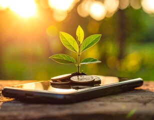 A small plant sprouts from coins atop a smartphone, backlit by a sunset