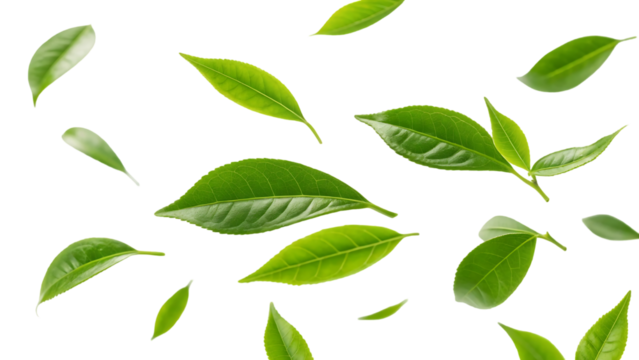 realistic green tea leaves in motion flying on white background or transparent background - Powered by Adobe