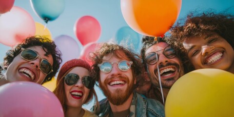 Obraz premium Group of joyful friends enjoying a sunny day outdoors with colorful balloons, smiling widely and celebrating life together in a vibrant atmosphere