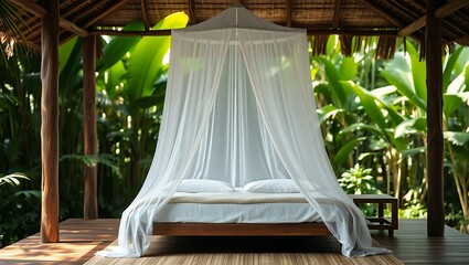 A canopy bed with white netting on a wooden platform surrounded by lush green tropical vegetation view |  world mosquito day