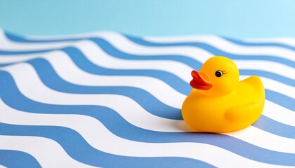 Yellow rubber duck toy floating in blue pool water, a fun bath time for a baby or child