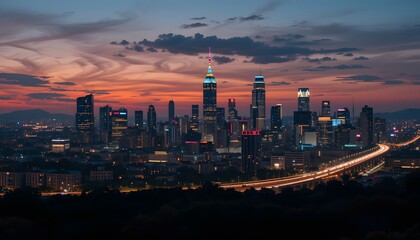 Naklejka premium Time-Lapse of Neon Urban Skyline from Dusk to Night